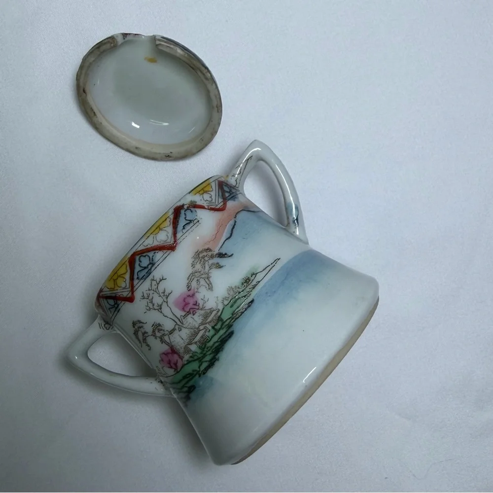 Antique Porcelain Nippon Mini Sugar Bowl Hand-Painted Japanese Scenic Geisha Art